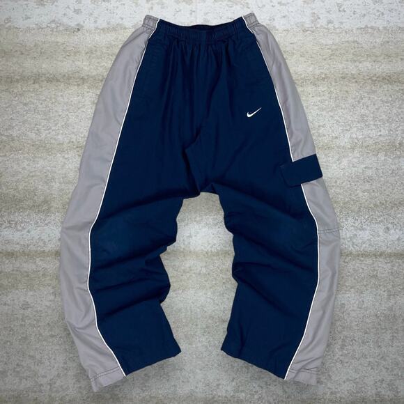 Vintage Y2K Nike Track Pants Youth L Baggy Wide Navy Blue Polyester Sweatpants - Picture 1 of 8